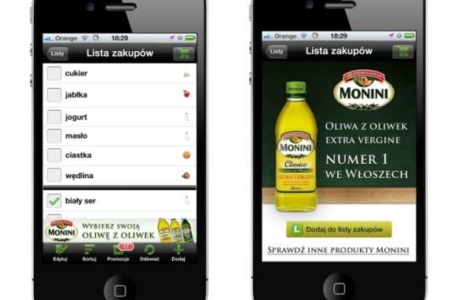 Reklama oliwy Monini w aplikacji "Listonic"