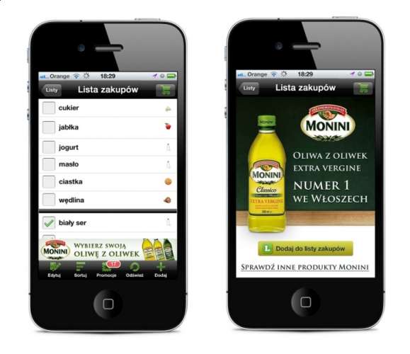 Reklama oliwy Monini w aplikacji "Listonic"